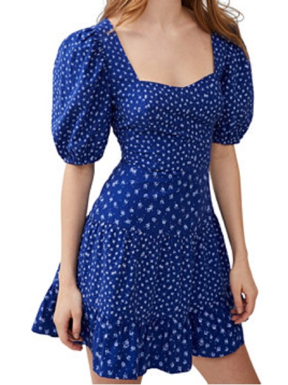 French Connection Floral Puff Sleeve Mini Dress Blue Size 8